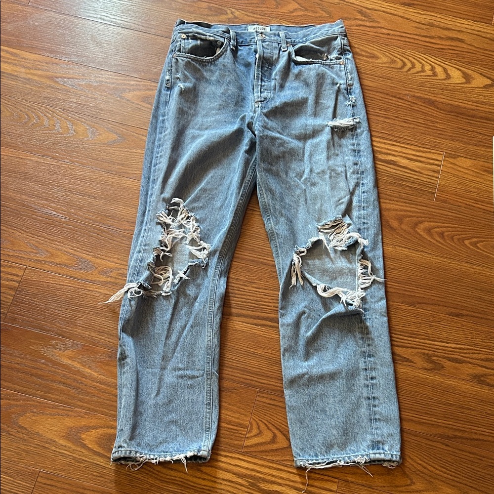 AGOLDE 90's‎ Mid Rise Loose Fit Cotton Ripped Wide Leg Jeans in Fallout Size 28